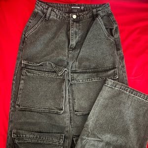 High rise black cargo pocket jeans
